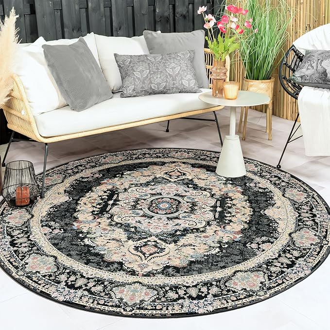 Black Round Rug 6ft,Large Circle Area Rugs for Bedroom Living Room Dining Room,Washable Boho Vintage Bohemian Distressed Oriental Carpet Non Slip,Floral