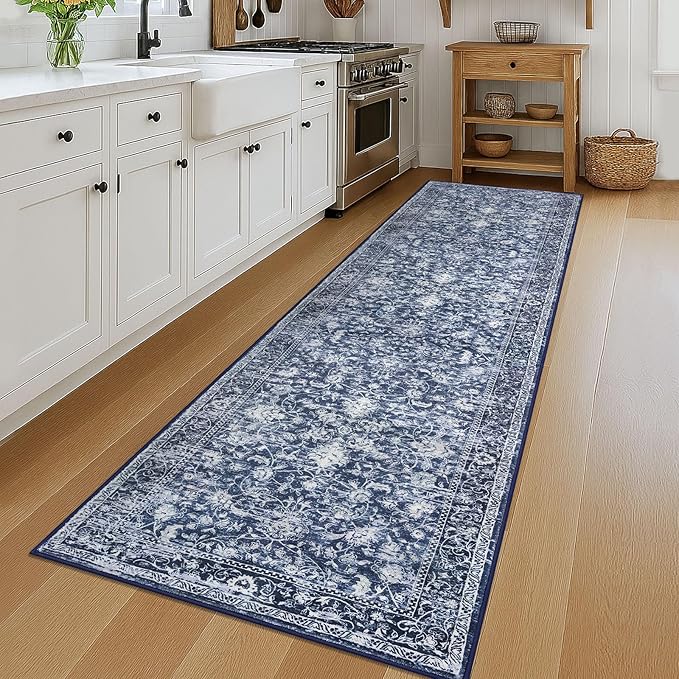 KILOCOCO Runner for Hallway 3x12 Runner Rug Printed Vintage Floral Washable Rug Kitchen Runners Soft Non-Slip Low Pile Hallway Runners Laundry Room Distressed Boho Rugs, Blue