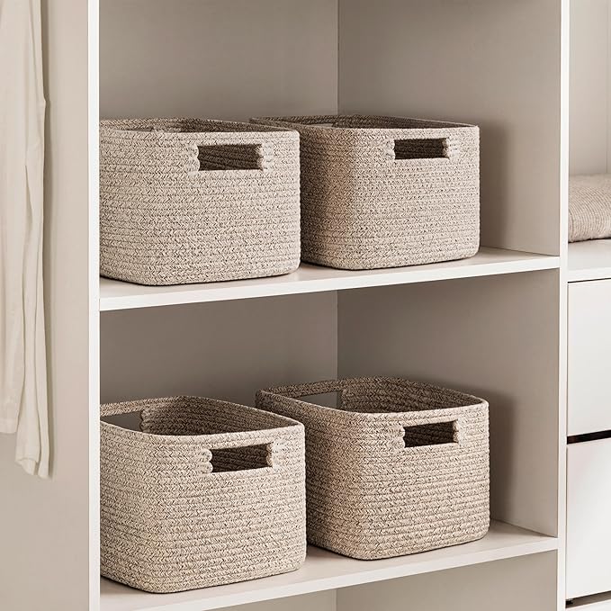 UBBCARE Storage Cubes 4 Pack, 11x 11x 7.8 Cube Storage Bin with Handles, Cotton Rope Baskets for Organizing, Woven Baskets for Shelf, Baby Nursery, Toy Storage, Closet, Classroom, Mix-Brown