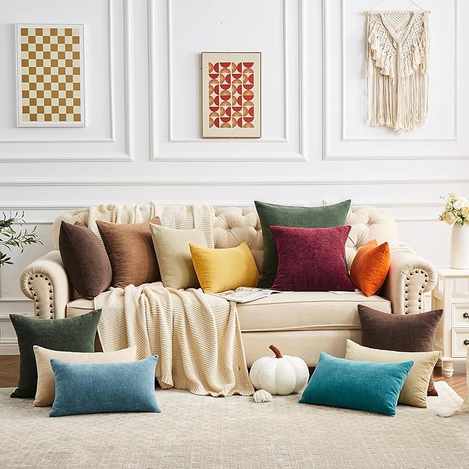 GAWAMAY Decorative Chenille Throw Pillow Covers 24"x24" Inch Pack of 2, Soft Square Couch Pillow Cover for Sofa Cushion Living Room Bedroom Solid Oversized Pillowcases Dark Green 60x60cm (ONLY COVERS)