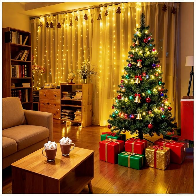 Warm White LED Fairy Curtain Lights, 300 LEDs with Remote Control - 8 Modes Dimmable, USB Plug-in String Lights for Bedroom Wedding Christmas Party Indoor Decor