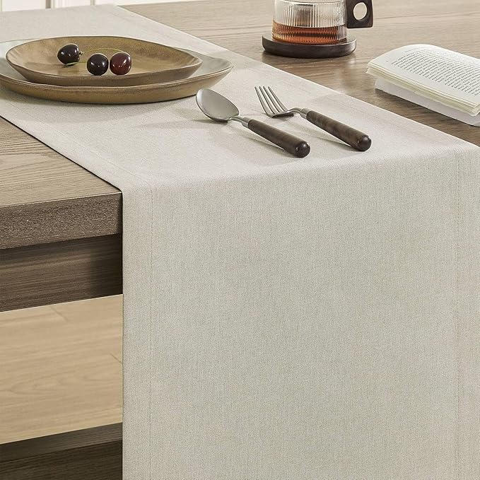 ZeeMart Basic Linen Style Table Runner, 14 x 60 Inch Raw Linen, Rustic Farmhouse Light Beige Table Runners 60 Inches Long, Everyday Polyester Table Runner - Machine Washable & Easy Care