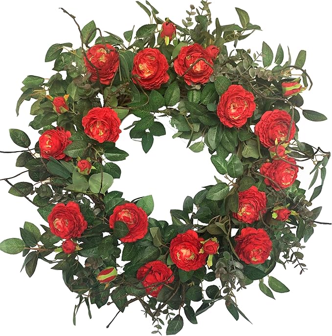 Huashen 24 Inch Blossom Cabbage Rose Wreath, Flame Red & Burgundy Flower Ivy, Everyday Farmhouse Wreath for Festival Celebration, Front Door, Wall, Window Hanging