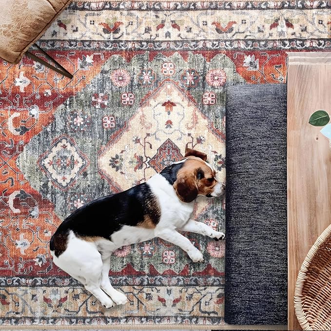 KOZYFLY Boho Area Rug 5x7 Ft Thin Rugs for Living Room Washable Bedroom Rug Non Slip Rugs for Living Room Rust/Orange/Blue Printed Faux Wool Vintage Bedroom Rug Floor Carpet for Dining Room