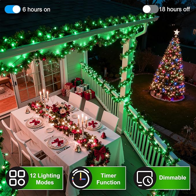 350LED 90FT Christmas Lights Indoor Outdoor, 12 Modes Green Outdoor String Lights with Timer & Dimmable, Waterproof Green Wire Christmas String Lights for Tree Xmas Patio Fence Balcony Garden Party