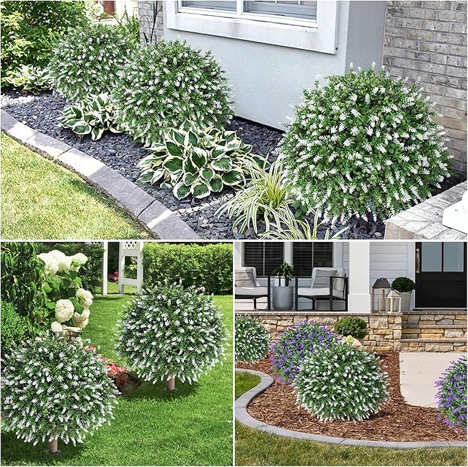 HyeFlora 26'' Artificial Topiary Boxwood Ball Trees with Lavender 2 Pack Fake Plants for Outdoor Indoor Artificial Shrubs with Ground Spike UV Resistant Fake Bushes for Front Porch Garden (White)