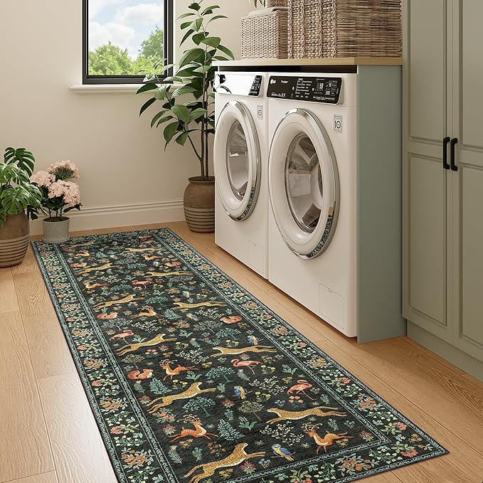 DUKINO Runner Rug, 2x7 Washable Kitchen Rugs for Hallways with Non Slip Backing, Soft Low Pile Vintage Animal Runner for Kitchen, Hallway, Entryway, Laundry, Bedroom, Black