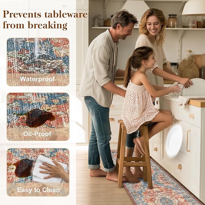 Boho Kitchen Mats for Floor 2 Piece Set Anti Fatigue Cushioned PVC Kitchen Rugs Non Slip Waterproof Farmhouse Mats 2/5 Inch Comfort Standing Mat for Sink, Laundry, 17.3"x59"+17.3"x28", Retro Red