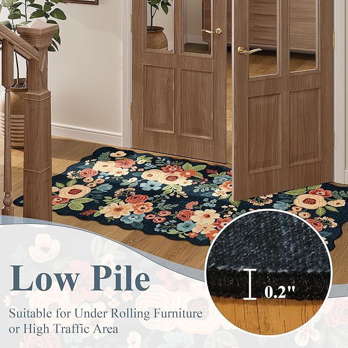 DUKINO 2x5 Washable Runner Rugs, Non Slip Floral Print Entryway Rug with Soft Low Pile, Lightweight Mat for Living Room, Bathroom, Bedroom, Kitchen, Navy Blue