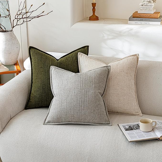 a moment Linen Pillow Covers Set of 2,Boho Farmhouse Throw Pillowcases Neutral Textured Decorative Covers for Couch Sofa, Soft Linen Blend Accent Case Cushion Living Room Home Decor 26"x26"Light Grey