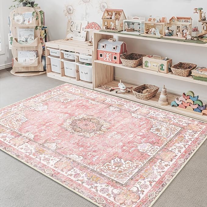 Pink Rug 3'x5',Washable Area Rugs for Bedroom Living Room Kitchen Entryway Bedside,Small Boho Vintage Bohemian Distressed Oriental Non Slip Carpet,Blush Floral Flowers
