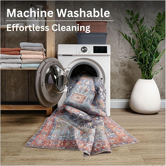 Bloom Rugs Washable Non-Slip 4' x 6' Rug - Terracotta/Blue Traditional Medallion Area Rug for Living Room, Bedroom, Dining Room, and Kitchen - Exact Size: 4' x 6'