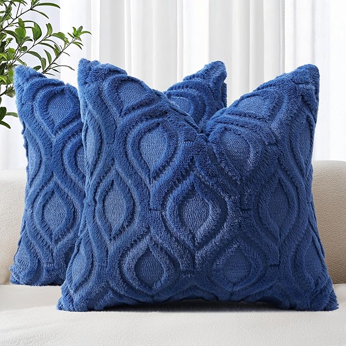 decorUhome Throw Pillow Covers 24x24 Inch Set of 2, Soft Plush Faux Wool Dark Blue Solid Couch Pillow Covers, Accent Farmhouse Neutral Square Pillow Cases for Sofa Bed Living Room