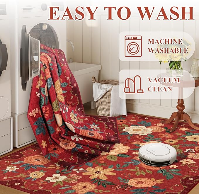 DUKINO 6x9 Area Rug, Floral Rugs for Living Room, Lightweight Non Slip Washable Rug, Indoor Low Pile & Non-Shedding Boho Design Rugs for Bedroom, Living Room, Dining Room, Red