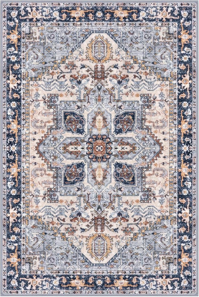 KOZYFLY Small Area Rug 2x3 Ft Rugs for Entryway Washable Boho Entry Rug Non Slip Door Mat Indoor Entrance Faux Wool Vintage Printed Kitchen Rug Throw Rugs for Entrance Kitchen, Blue Gray/Cream