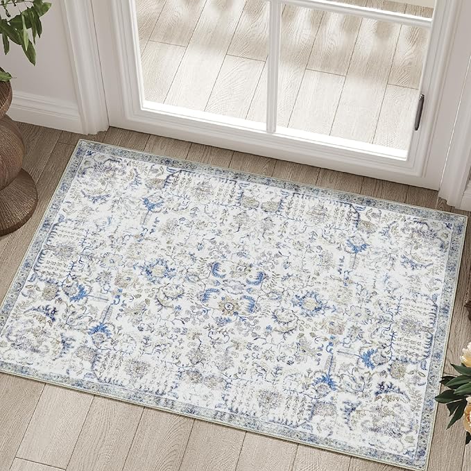 jinchan Kalen Area Rug 2x3 Washable Entryway Rug Soft Door Mat Vintage Indoor Entrance Thin Retro Distressed Carpet Blue Floral Country Boho Non Slip Doormat Bathroom Kitchen Bedroom