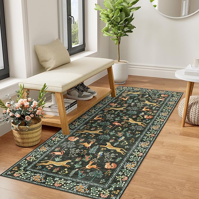 DUKINO 2x5 Rug for Hallway, Washable Kitchen Runner Rug with Non Slip Backing, Soft Low Pile Vintage Animal Runner for Bedroom, Kitchen, Hallway, Entryway, Laundry, Black