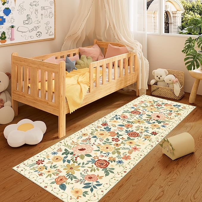 DUKINO Runner Rug, 2.6x8 Kitchen Rug for Hallway with Non Slip Backing, Washable Low Pile Soft Boho Floral Runner Carpet for Hallway, Kitchen, Entryway, Laundry, Bedroom, Beige Yellow