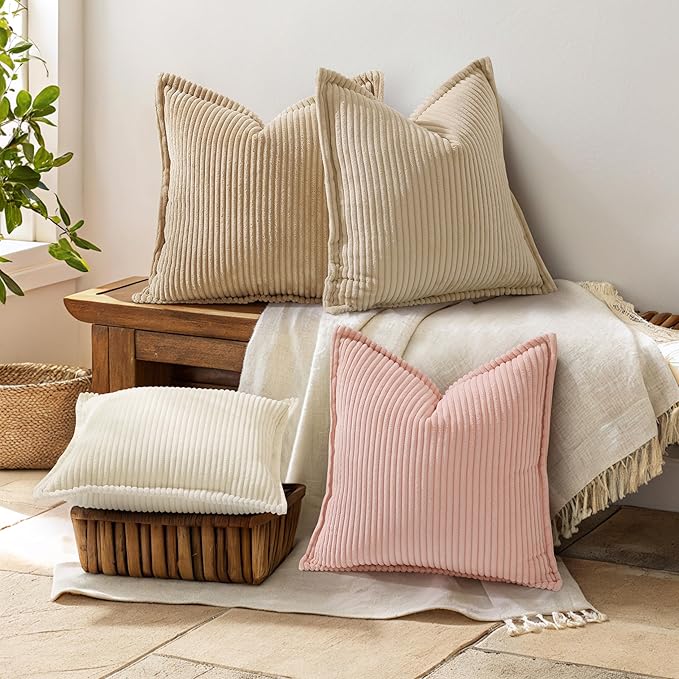 decorUhome Corduroy Beige Throw Pillow Covers 20x20 Set of 2 Decorative Soft Boho Farmhouse Euro Couch Pillow Covers for Living Room Bed Sofa Broadside Striped Pillow Cases