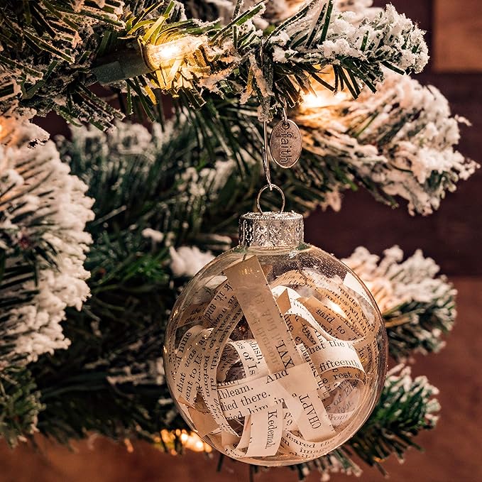 Antique Rescued Bible Glass Globe Christmas Ornaments - Tree Decor with Faith Charm - Hanging Accessories For Home, Room, Office, Church - Unique Gift for Friends, Family, Pastor