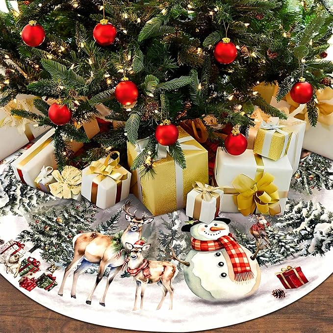 Christmas Tree Skirt 36 Inch,Snowman Reindeer Snowflake Xmas Decor, Winter Christmas Tree Mat for Home Party Holiday Indoor Outdoor Decorations
