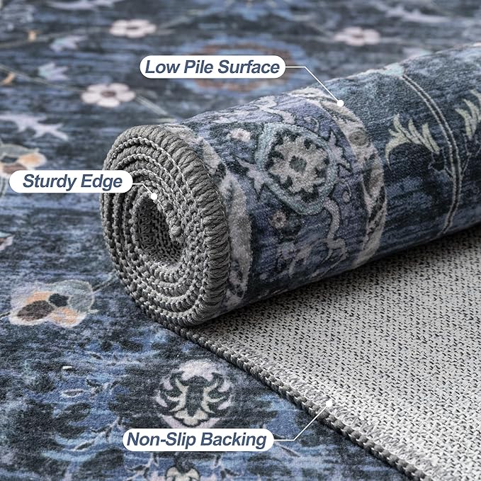 Tangsoo 5x7 Blue Area Rug for Bedroom Living Room, Washable Vintage Floral Rug Non Slip, Low Pile Stain Resistance Distressed Retro Indoor Boho Carpet for Laundry Farmhouse Dinning Room Mat Home Decor