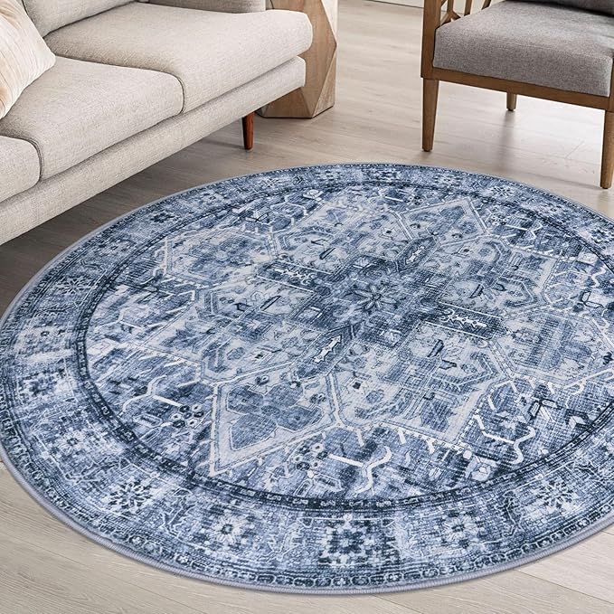 6' Round Washable Rug for Entryway, Blue Soft Printed Area Rug, Non-Slip Kitchen Rugs, Low-Pile Medallion Indoor Door Mat, Small Farmhouse Carpet for Entrance Kitchen Foyer Bedside