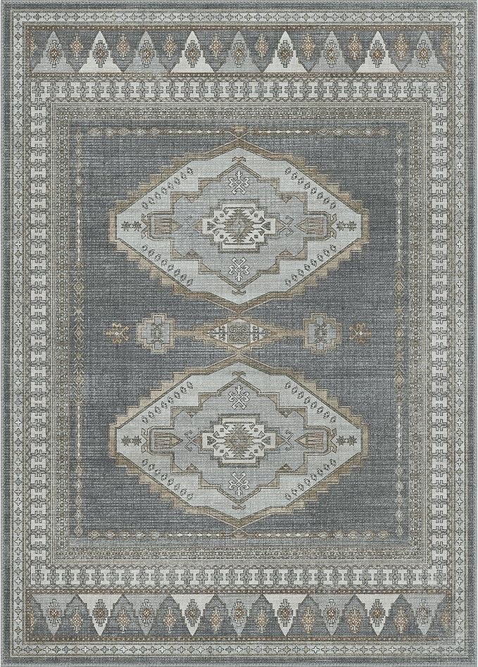 GENIMO Machine Washable 9x12 Area Rugs for Living Room, Non Slip Vintage Rugs, Low Pile Lightweight Chenille Print Rug for Bedroom, Dining Room, Home Office, Gray/Beige