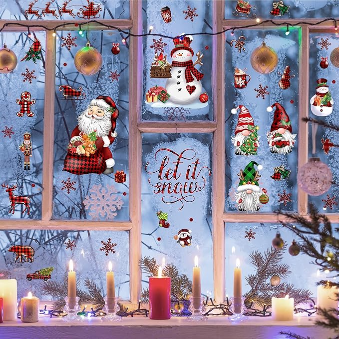 BORAMDO Christmas Window Clings 12 Sheets, Buffalo Plaid Xmas Window Decals Stickers Removable Holiday Decorations for Home & Office, 12 Styles