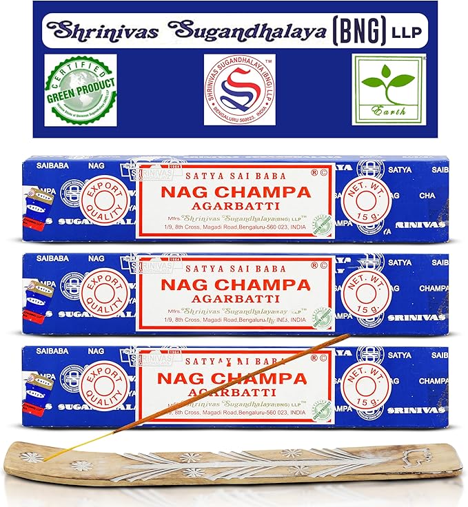 Satya Nagchampa Incense Sticks, Satya Bng (Bangalore) Insenses 15gmx3 Pack (45 GMS) with Raajsee Incence Holder Bundle, Satya Nagchampa Natural Incense
