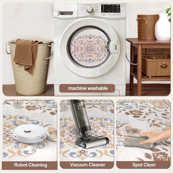 Tangsoo 5x7 Washable Area Rug, Non Slip Boho Neutral Persian Rug for Bedroom Living Room, Vintage Beige Tan Soft Low Pile Floor Indoor Carpet for Bathroom Office Kid & Pets Friendly Home Decor