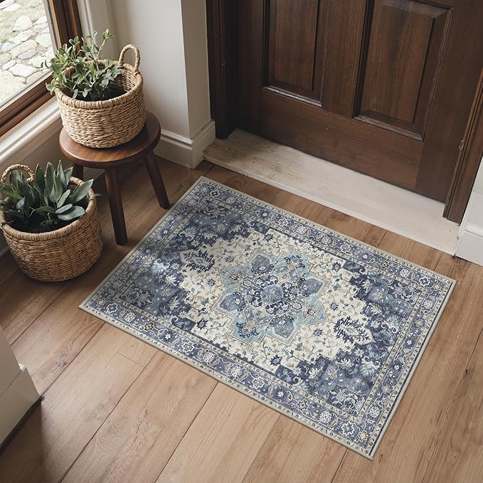 Area Rug 2x3 Doormat, Machine Washable Low Pile Vintage Rugs, Small Lightweight Rug Entryway Indoor Mat for Entrance, Hallway, Kitchen and Corridor, Center Blue
