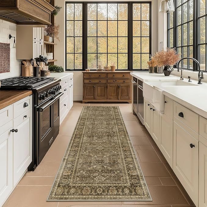 2.6x8 Runner Rug for Hallways Vintage Distressed Non Slip Long Carpet Floral Boho Distress Print Pattern Mat Lightweight Retro Accent Throw Carpet for Kitchen Bedroom Bedside Laundry Room-Brown ﻿