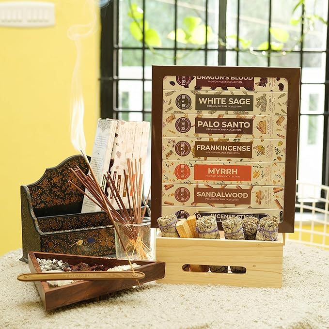 Woody Incense Sticks Variety Pack - 120 Insence-Sticks (6 Incents x 20 Insense) - White Sage Palo Santo Dragons Blood Sandalwood - Natural Inscents-Sticks Non Toxic Cleansing Incienso + Burner Holder