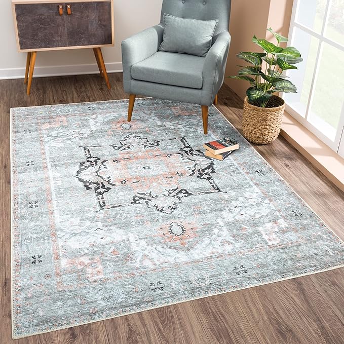 Bloom Rugs Washable Non-Slip 9' x 12' Rug - Gray/Coral Pink Traditional Area Rug for Living Room, Bedroom, Dining Room, and Kitchen - Exact Size: 9' x 12'