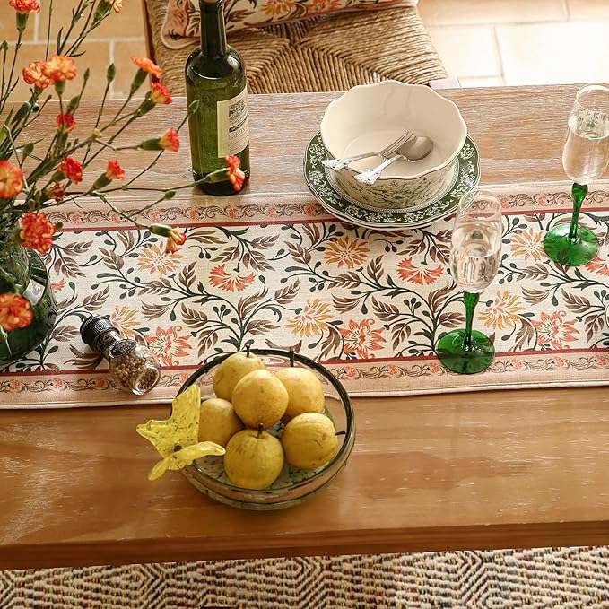 ISAENNE Designer French Elegant Linen Table Runner 87 Inches Long,Farmhouse Lily Pattern Decor Table Runners for Dining Tables,Thanksgiving,Kitchen Tables,Christmas,12"*87"-Aurora A