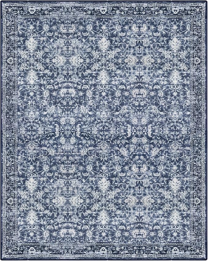 KILOCOCO Area Rug 9x12 Living Room Rug Washable Printed Vintage Floral Non Slip Soft Rubber Backed Indoor Bedroom Rugs for Laundry Room Kitchen Playroom Moroccan Area Rugs, Blue