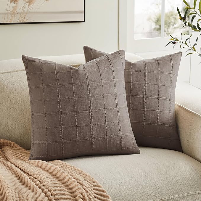 ZeeMart Linen Checked Throw Pillow Covers Set of 2, 20x20 Inch Cocoa Brown/Cream, Farmhouse Decorative Single Sided Grid Embroidered Couch Pillow Cases Brown Cotton Linen Cushion Covers