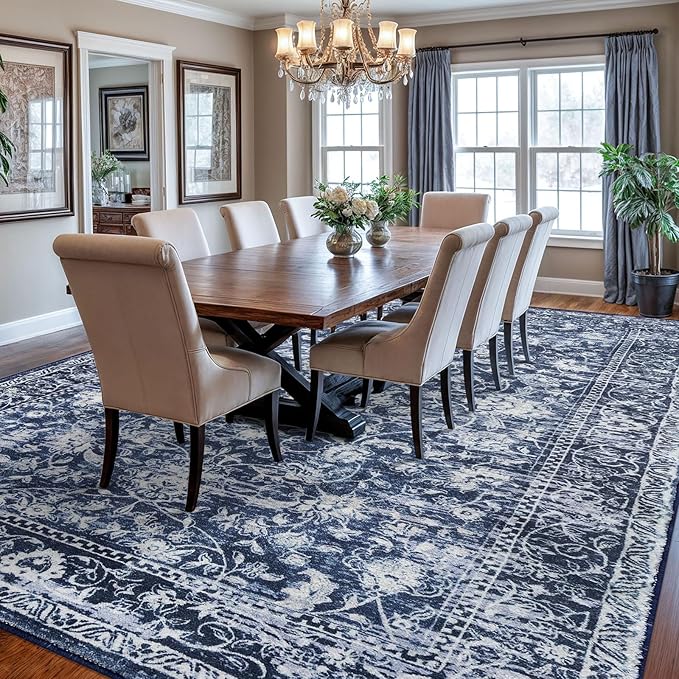 KILOCOCO Area Rug 9x12 Living Room Rug Washable Printed Vintage Floral Non Slip Soft Rubber Backed Indoor Bedroom Rugs for Laundry Room Kitchen Playroom Moroccan Area Rugs, Blue