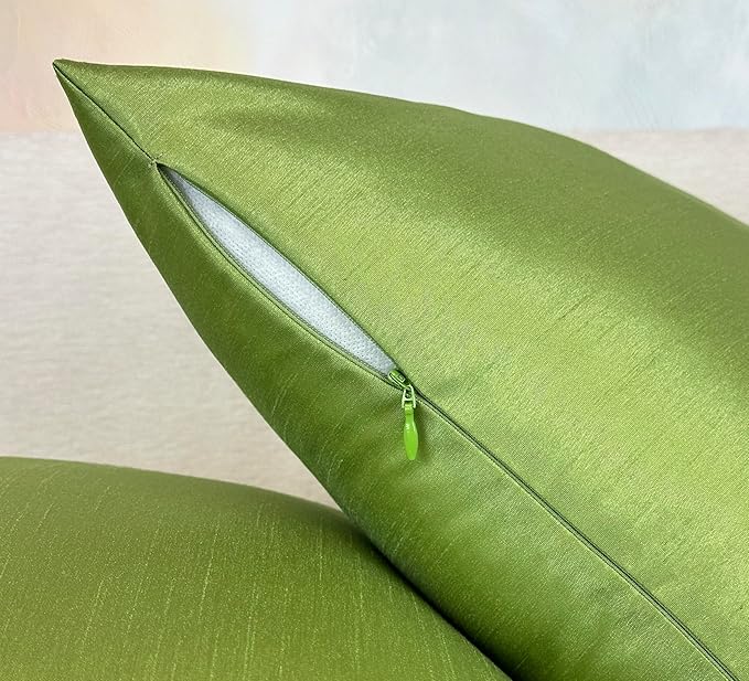 Aiking Home 18x18 Inches Faux Silk Square Throw Pillow Cover, Zipper Closure, Green (Set of 2)