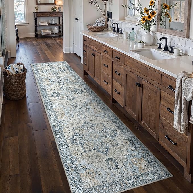 Runner Rug 2'6''x10, Non Slip Vintage Hallway Runner Rugs, Low Pile Lightweight Machine Washable Mat for Hallway, Entryway, Bedroom, Kitchen and Corridor, Blue