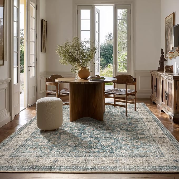 Machine Washable Living Room Rug: 5x7 Area Rugs for Bedroom Vintage Stain Resistant Non Slip Low Pile Lightweight Boho Carpet for Kitchen Dining Room Farmhouse Kids Room Nursery