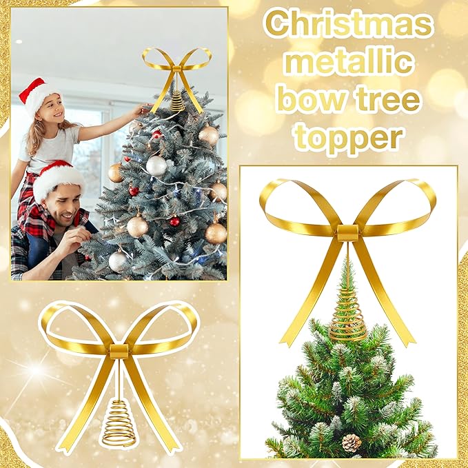 Metal Christmas Bow Tree Topper, Christmas Gold Bow Ornament Decorations for Xmas Tree Topper Garland Wreath Indoor Outdoor Decor, 9.5 x 8.7''