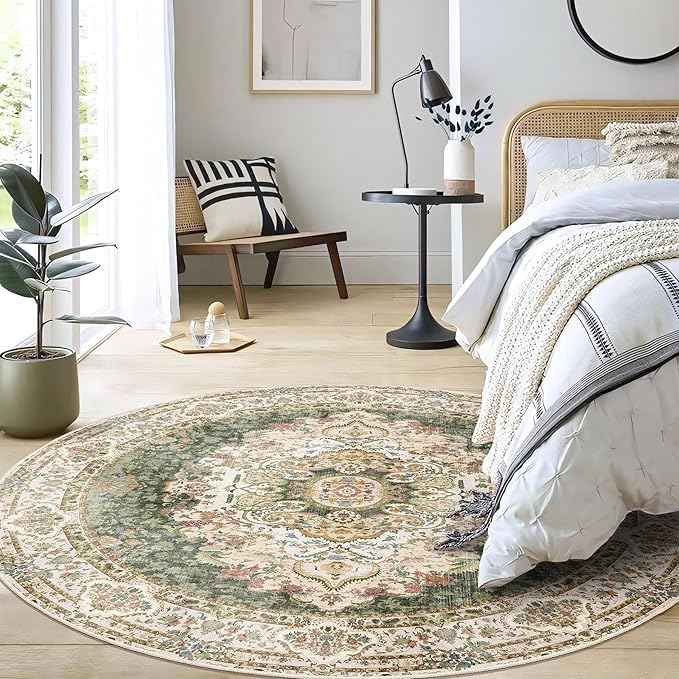 Green Round Rug 5ft, Circle Boho Area Rugs for Bedroom Living Room,Washable Vintage Bohemian Distressed Oriental Carpet Non Slip,Sage Floral