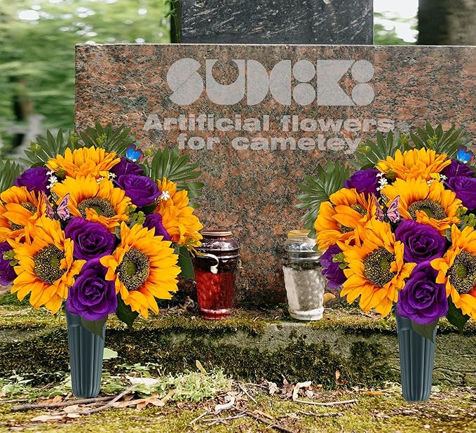 SUHOOKOO Cemetery Flowers with Vase for Grave Decor, Silk Sunflower Rose Headstone Flower,Tombstone Flower - Bright and Colorfast,Purple/Yellow