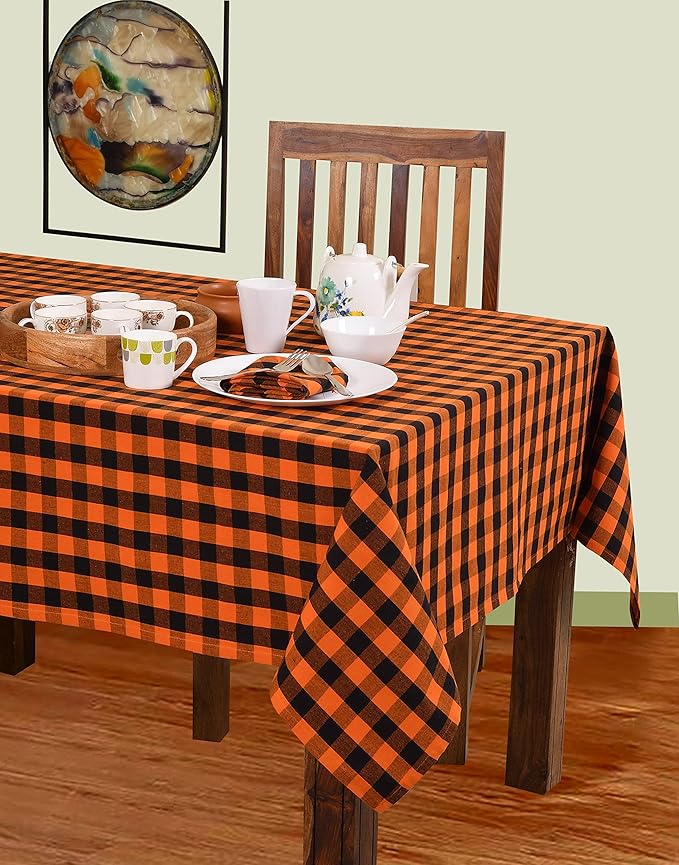 Urban Villa Halloween Tablecloth Buffalo Check Table Cloth Tabletop Cover Kitchen Dining Tablecloth Size- 60"X102"100% Cotton Ideal for Parties Wedding Holiday Dinner Orange/Black Rectangle 8-10 Seats