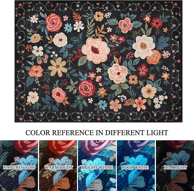 DUKINO 9x12 Area Rug, Floral Rugs for Living Room, Lightweight Non Slip Washable Rug, Indoor Low Pile & Non-Shedding Boho Design Rugs for Bedroom, Living Room, Dining Room, Black