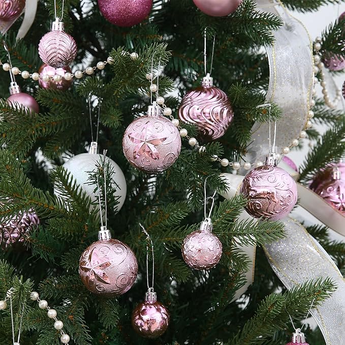 34ct Pink Christmas Ball Ornaments Shatterproof Plastic Christmas Tree Decorations for Xmas Party Home Office Holiday Decor -Medium Size (2.36"/ 60mm)