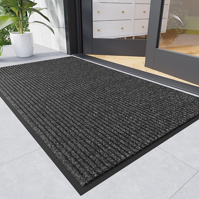 Front Door Mat, 2' x 6' Heavy Duty Indoor Outdoor Welcome Mat for Entryway, Commercial Entrance, Low Profile, Non-Slip, Durable Rubber Backing for Patio, Home
