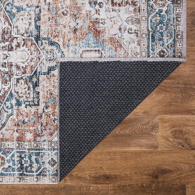 Bloom Rugs Caria Washable Non-Slip 10 ft Runner - Terracotta/Blue Traditional Runner for Entryway, Hallway, Bathroom, and Kitchen - Exact Size: 2'6" x 10'